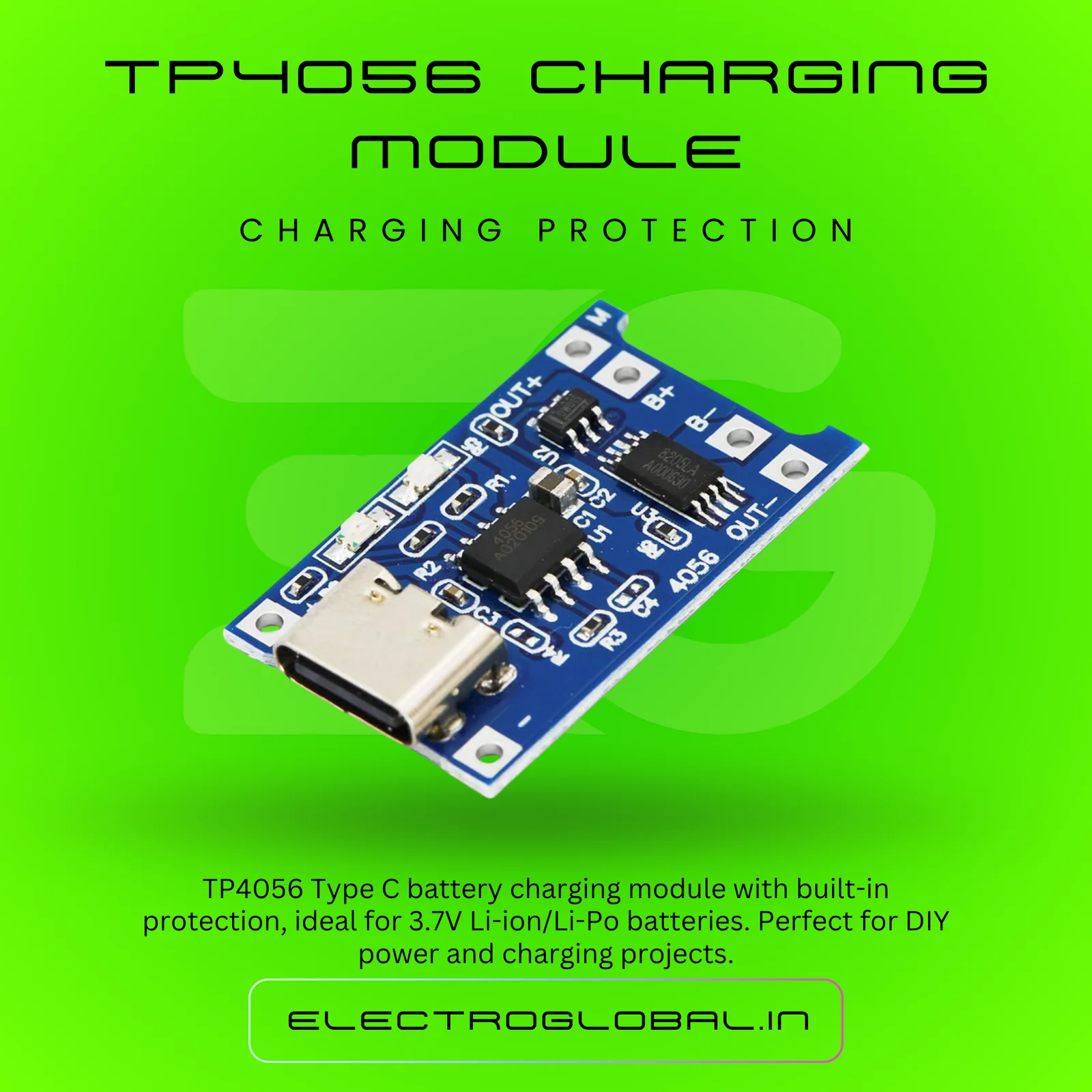 TP4056 Charging Module Type C | 18650 Battery Charger Module, Power Bank Module | 3.7V Li Ion Battery Charging, Battery Protection and USB Type C Charging alternate